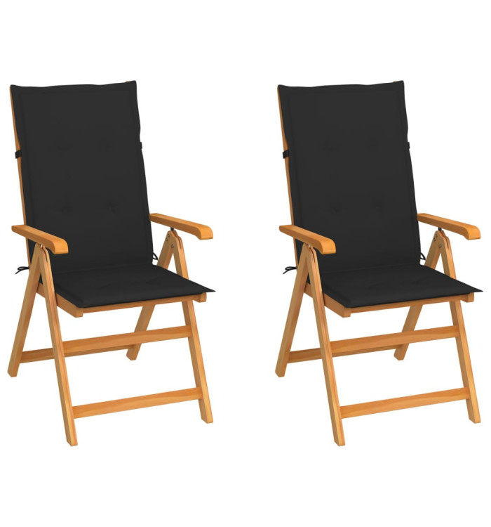 Chaises de jardin lot de 2 et coussins noir Bois de teck massif | Mobilier & Déco