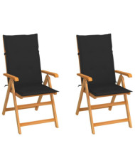 Chaises de jardin lot de 2 et coussins noir Bois de teck massif | Mobilier & Déco