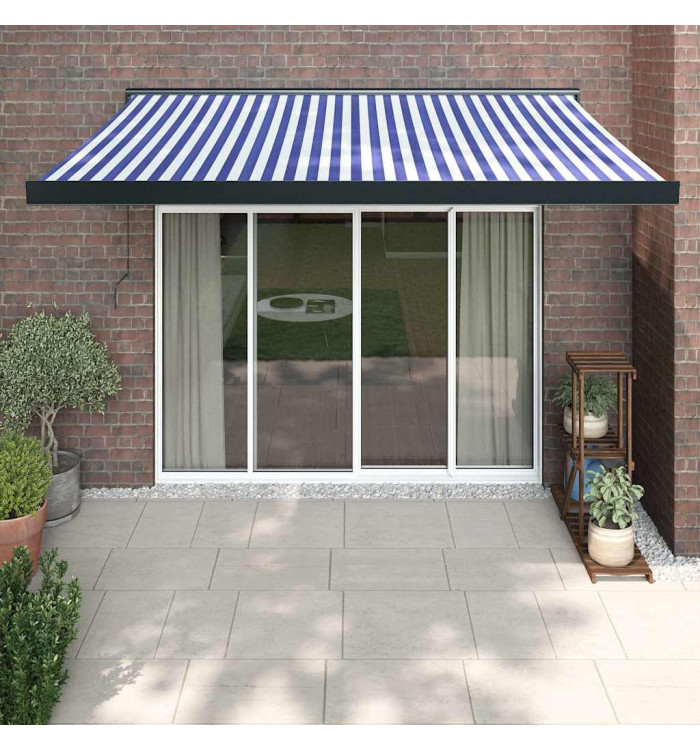 Auvent rétractable bleu et blanc 3x2,5 m tissu et aluminium | Mobilier & Déco