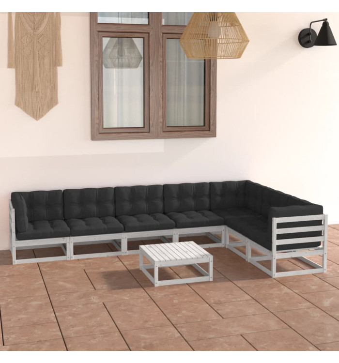 Salon de jardin avec coussins 8 pcs blanc bois de pin massif | Mobilier & Déco
