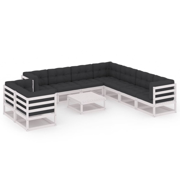 Salon de jardin 10 pcs avec coussins Blanc Bois de pin massif | Mobilier & Déco