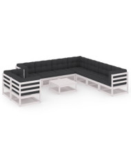 Salon de jardin 10 pcs avec coussins Blanc Bois de pin massif | Mobilier & Déco
