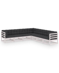 Salon de jardin 7 pcs avec coussins blanc bois de pin massif | Mobilier & Déco
