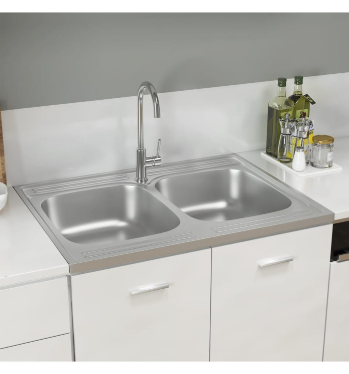 Évier de cuisine à double lavabo argenté 800x600x155 mm inox | Mobilier & Déco