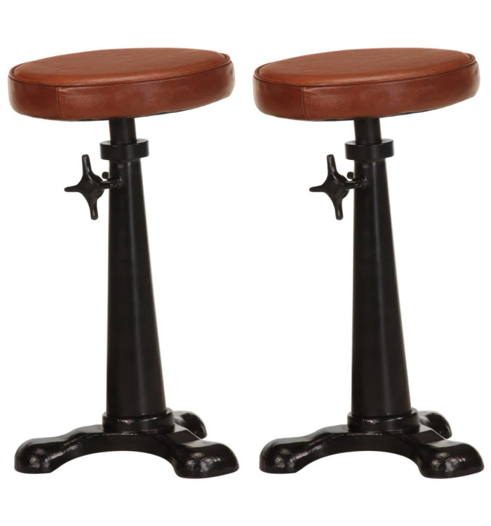 Tabourets de bar lot de 2 marron cuir véritable et fonte | Mobilier & Déco
