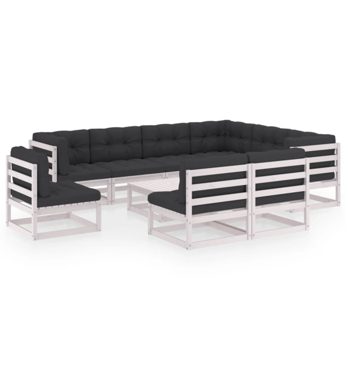 Salon de jardin 10 pcs avec coussins Blanc Bois de pin massif | Mobilier & Déco