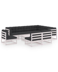 Salon de jardin 10 pcs avec coussins Blanc Bois de pin massif | Mobilier & Déco