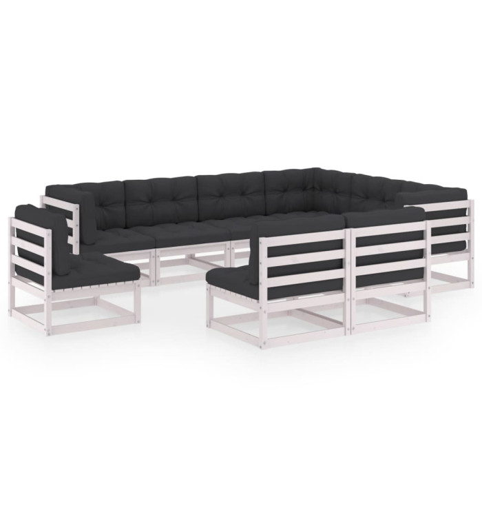 Salon de jardin 9 pcs avec coussins Blanc Bois de pin massif | Mobilier & Déco