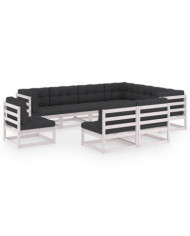 Salon de jardin 9 pcs avec coussins Blanc Bois de pin massif | Mobilier & Déco