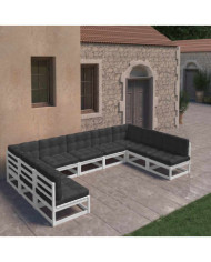 Salon de jardin 9 pcs avec coussins Blanc Bois de pin massif | Mobilier & Déco