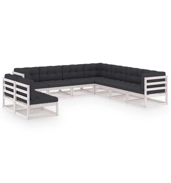 Salon de jardin 9 pcs avec coussins Blanc Bois de pin massif | Mobilier & Déco