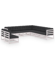 Salon de jardin 9 pcs avec coussins Blanc Bois de pin massif | Mobilier & Déco