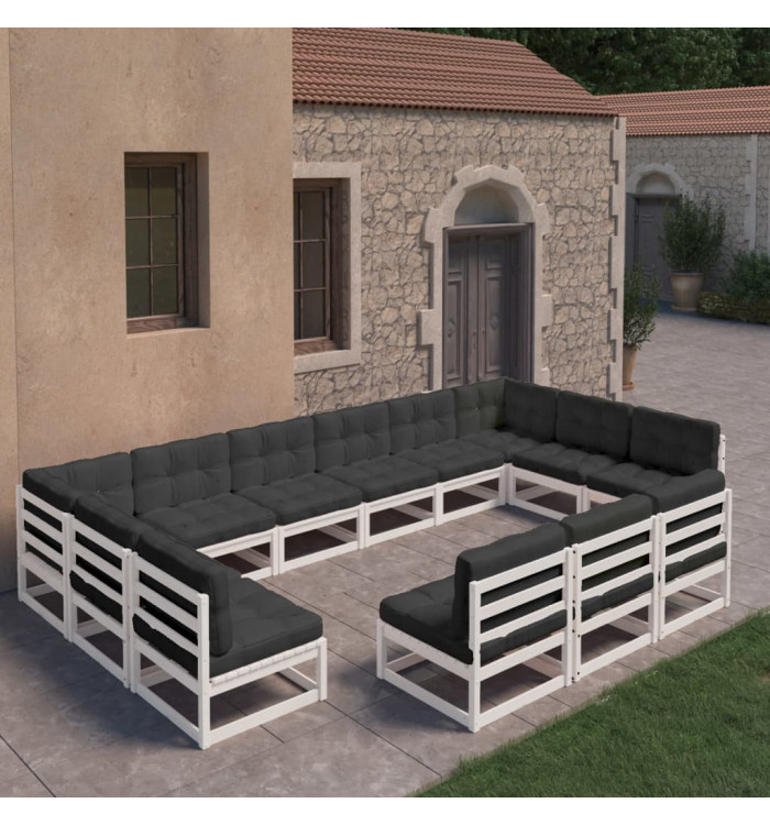 Salon de jardin 13 pcs avec coussins Blanc Bois de pin massif | Mobilier & Déco