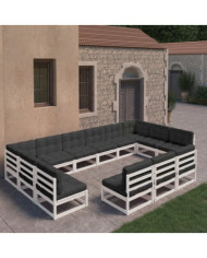 Salon de jardin 13 pcs avec coussins Blanc Bois de pin massif | Mobilier & Déco