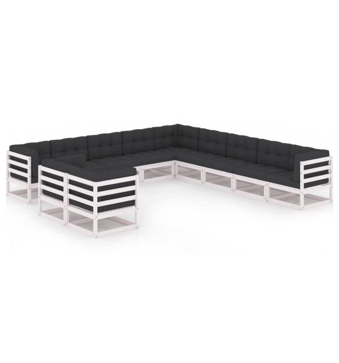 Salon de jardin 11 pcs avec coussins Blanc Bois de pin massif | Mobilier & Déco