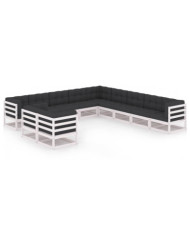 Salon de jardin 11 pcs avec coussins Blanc Bois de pin massif | Mobilier & Déco