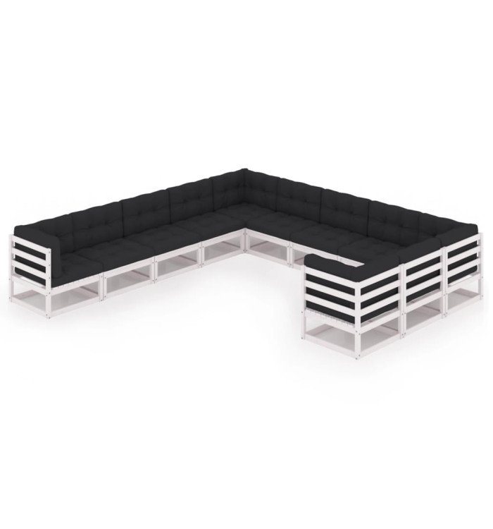 Salon de jardin 11 pcs avec coussins Blanc Bois de pin massif | Mobilier & Déco