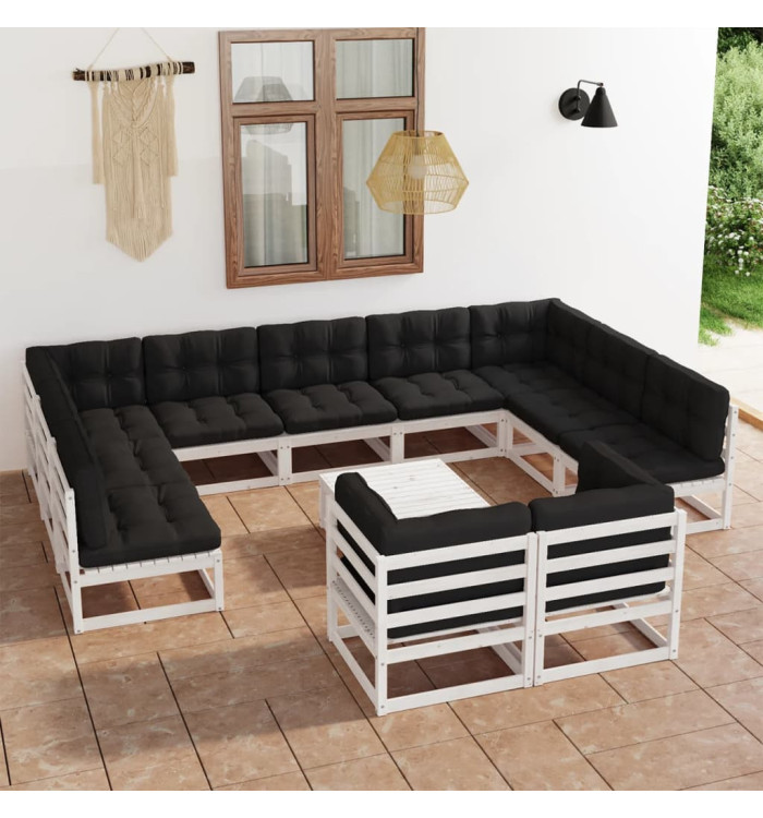Salon de jardin 12 pcs avec coussins Blanc Bois de pin massif | Mobilier & Déco