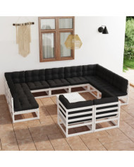 Salon de jardin 12 pcs avec coussins Blanc Bois de pin massif | Mobilier & Déco