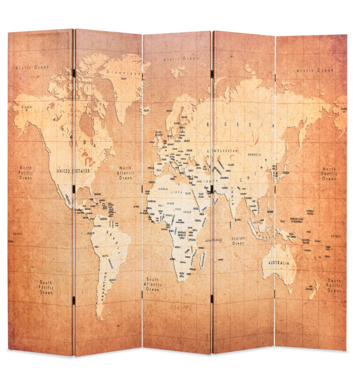 Cloison de séparation pliable 200 x 170 cm Carte du monde Jaune | Mobilier & Déco