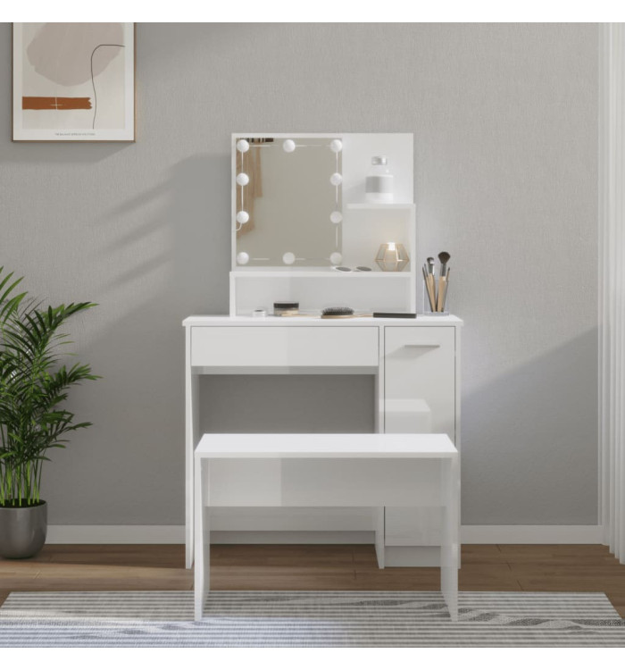 Ensemble de coiffeuse avec LED Blanc brillant Bois d'ingénierie | Mobilier & Déco