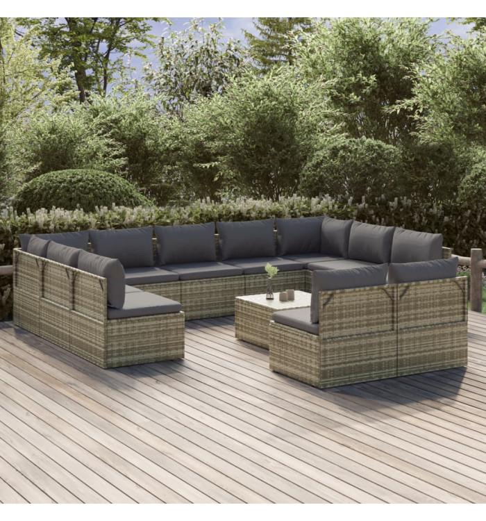 Salon de jardin 12 pcs avec coussins Gris Résine tressée | Mobilier & Déco