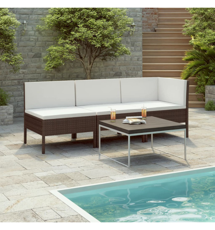 Salon de jardin 3 pcs avec coussins Résine tressée Marron | Mobilier & Déco