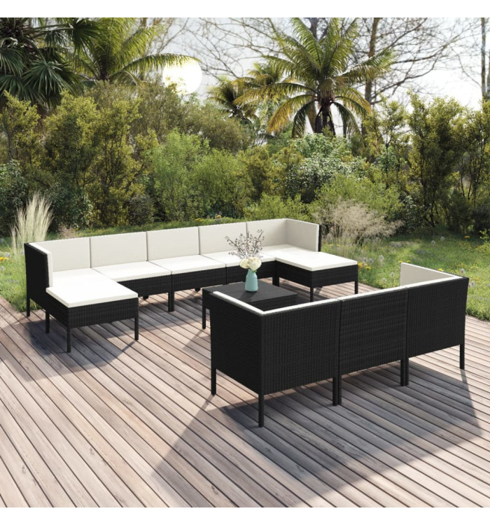 Salon de jardin 11 pcs avec coussins Résine tressée Noir | Mobilier & Déco