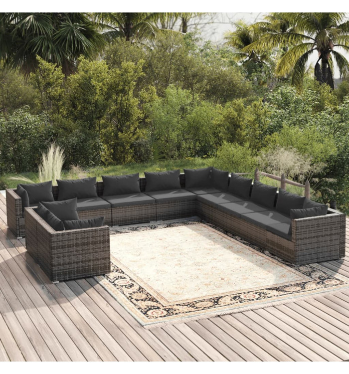 Salon de jardin 11 pcs avec coussins Gris Résine tressée | Mobilier & Déco