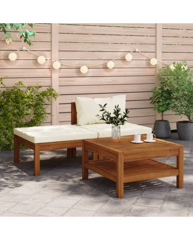 Salon de jardin 3 pcs avec coussins blanc crème Bois d'acacia | Mobilier & Déco