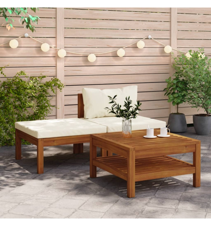 Salon de jardin 3 pcs avec coussins blanc crème Bois d'acacia | Mobilier & Déco