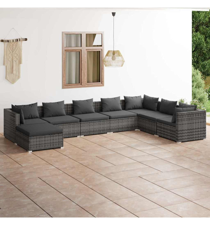 Salon de jardin 8 pcs avec coussins Résine tressée Gris | Mobilier & Déco