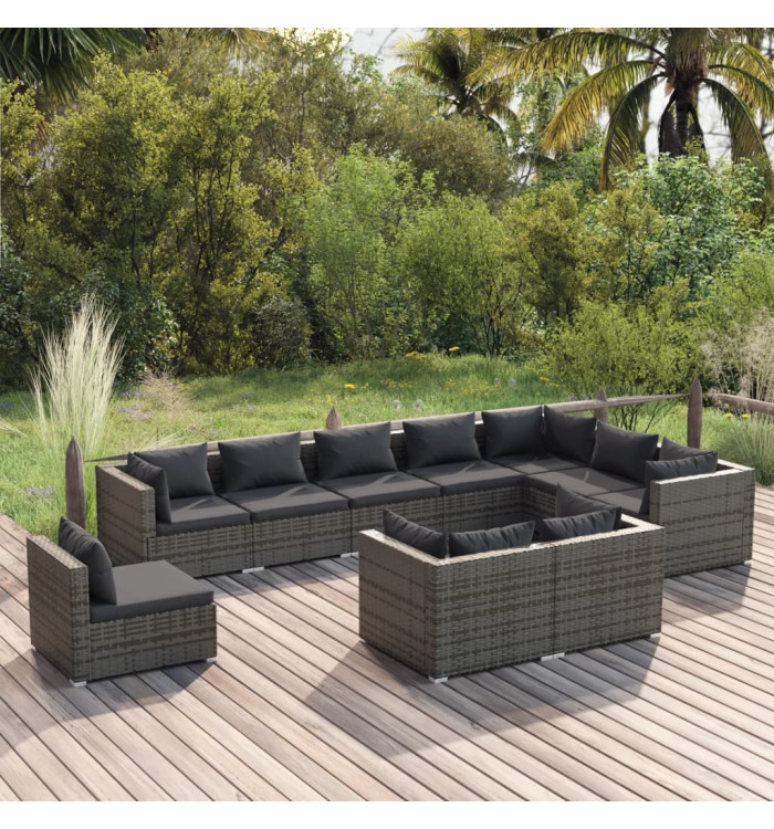 Salon de jardin 10 pcs avec coussins Résine tressée Gris | Mobilier & Déco