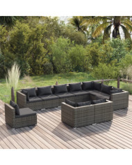Salon de jardin 10 pcs avec coussins Résine tressée Gris | Mobilier & Déco