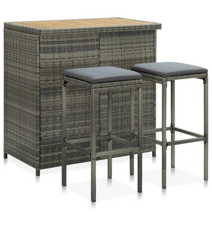 Ensemble de bar 3 pcs Résine tressée Gris | Mobilier & Déco