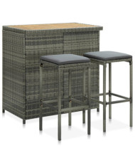 Ensemble de bar 3 pcs Résine tressée Gris | Mobilier & Déco