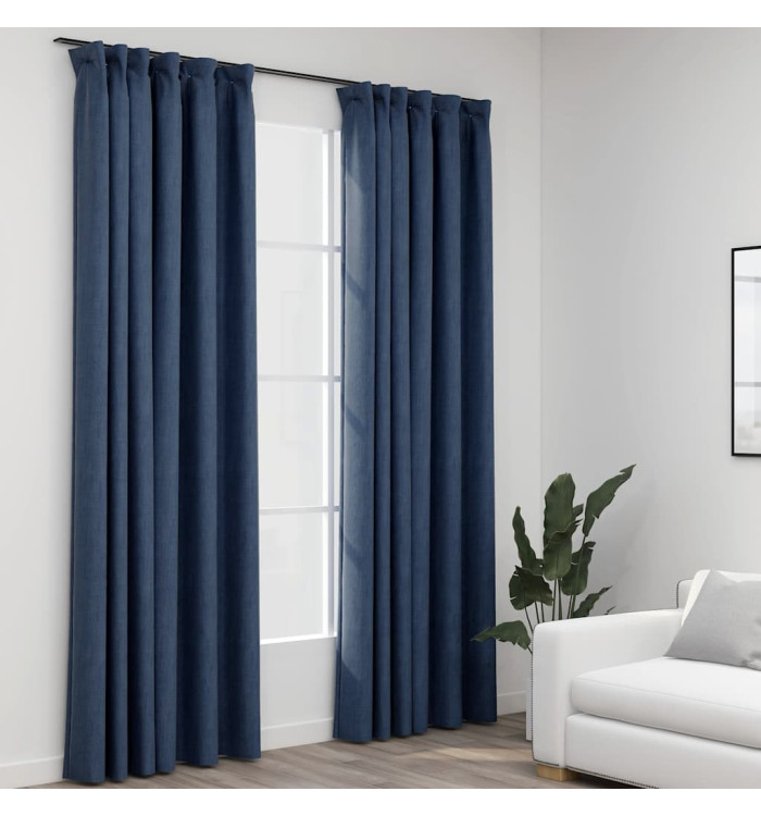 Rideaux occultants aspect lin avec crochets 2pcs Bleu 140x225cm | Mobilier & Déco