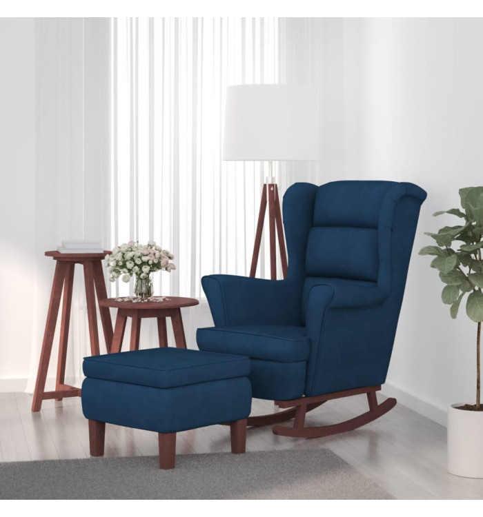 Chaise à bascule avec pieds en bois et tabouret Bleu Velours | Mobilier & Déco
