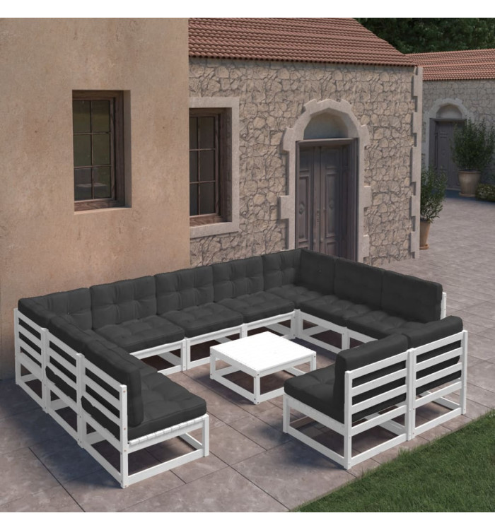 Salon de jardin 12 pcs avec coussins Blanc Bois de pin massif | Mobilier & Déco