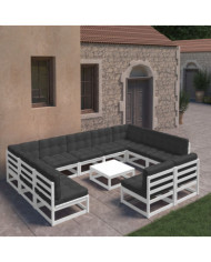Salon de jardin 12 pcs avec coussins Blanc Bois de pin massif | Mobilier & Déco