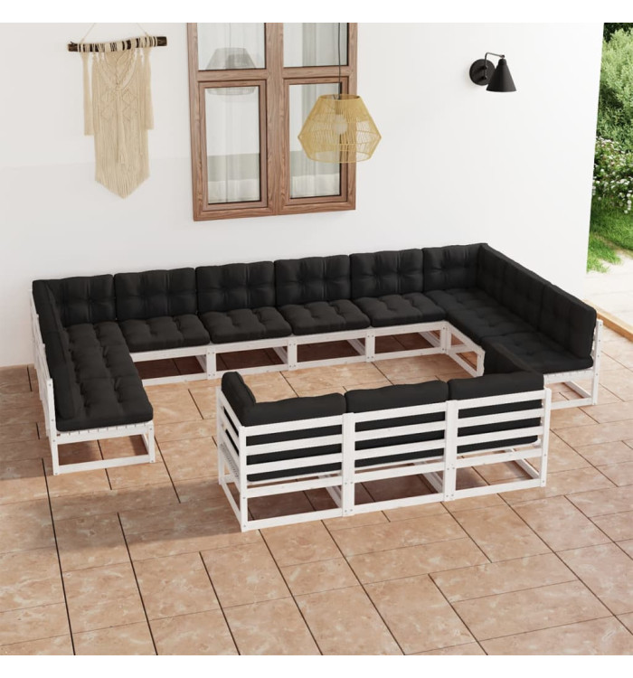 Salon de jardin 13 pcs avec coussins Blanc Bois de pin massif | Mobilier & Déco