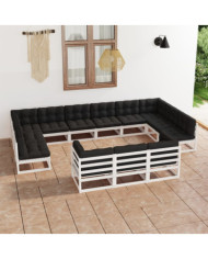 Salon de jardin 13 pcs avec coussins Blanc Bois de pin massif | Mobilier & Déco