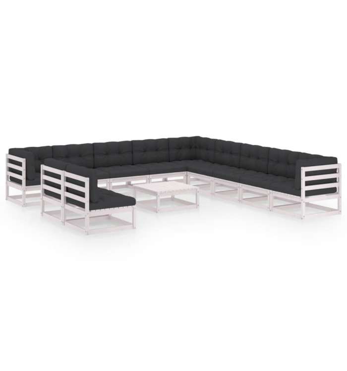 Salon de jardin 12 pcs avec coussins Blanc Bois de pin massif | Mobilier & Déco