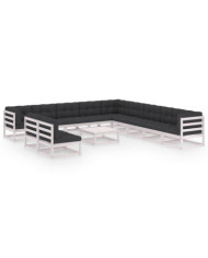 Salon de jardin 12 pcs avec coussins Blanc Bois de pin massif | Mobilier & Déco