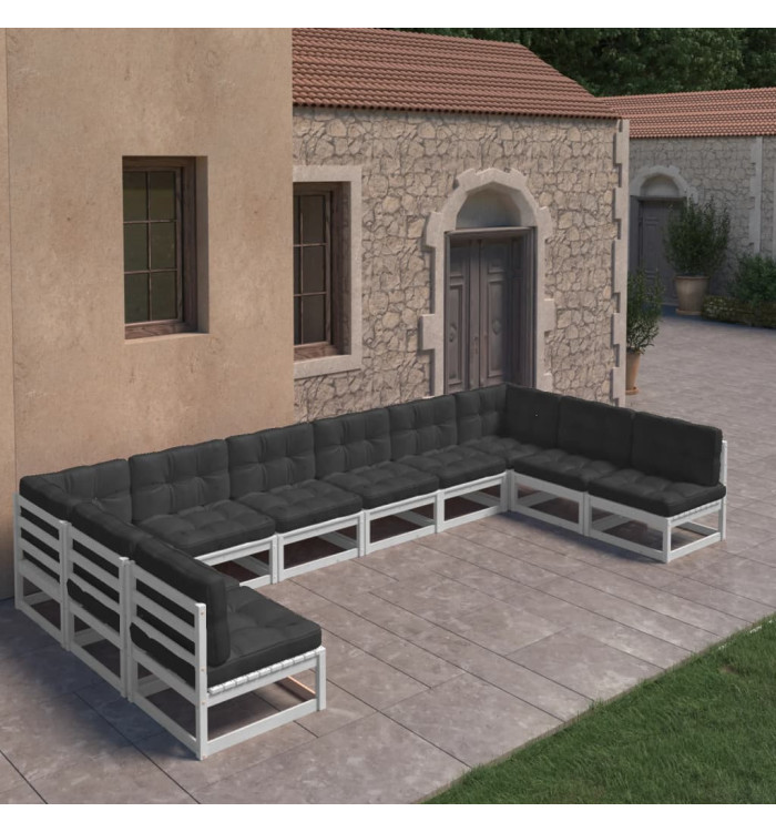Salon de jardin 10 pcs avec coussins Blanc Bois de pin massif | Mobilier & Déco