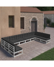 Salon de jardin 10 pcs avec coussins Blanc Bois de pin massif | Mobilier & Déco