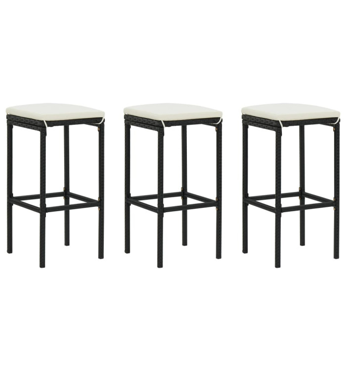 Tabourets de bar avec coussins lot de 3 noir résine tressée | Mobilier & Déco