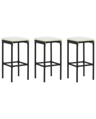 Tabourets de bar avec coussins lot de 3 noir résine tressée | Mobilier & Déco