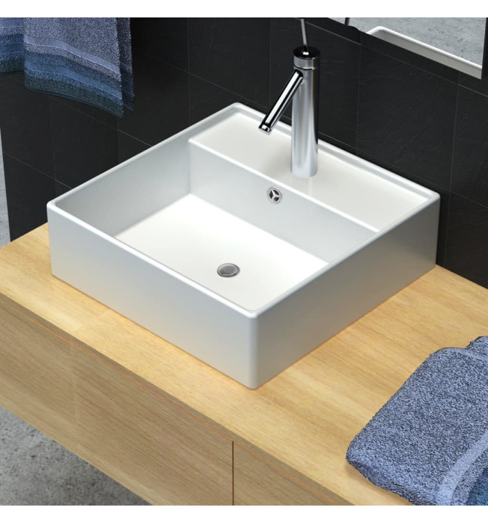 Luxueuse vasque céramique carrée avec trop plein 41 x 41 cm | Mobilier & Déco