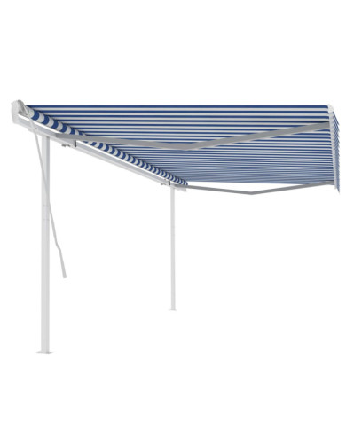 Auvent manuel rétractable avec poteaux 5x3,5 m Bleu et blanc | Mobilier & Déco